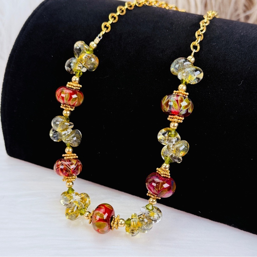 Vintage Art Glass Beaded Necklace Gold Tone Earth Tone Boho Chic